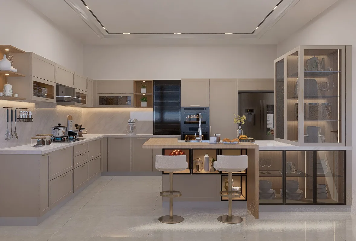 Beige modular kitchen with breakfast bar design render